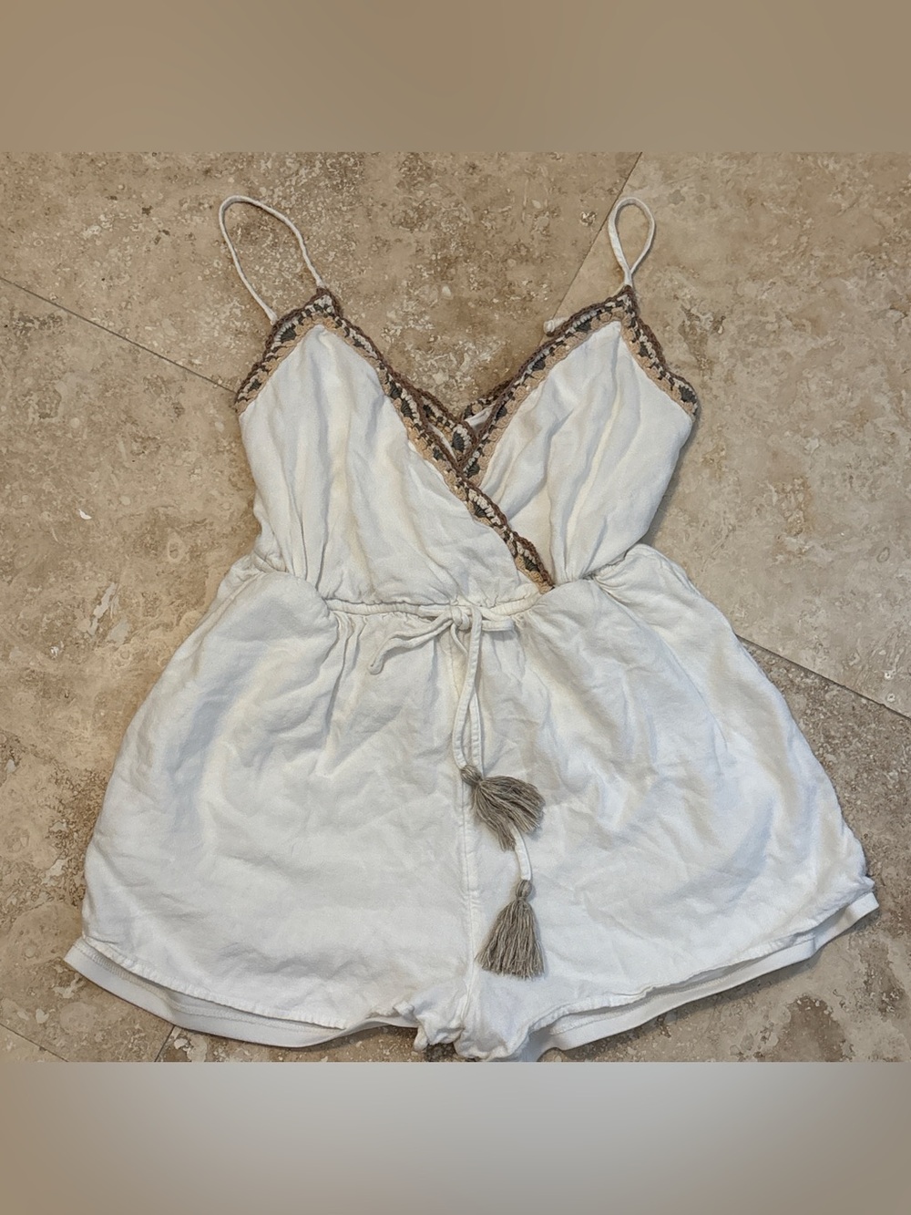American Eagle Outfitters White Romper with Crochet Trim